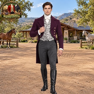 Puede incluir: Una levita de color morado intenso con botones dorados, un chaleco gris claro estampado, una corbata blanca, pantalones gris oscuro y botas altas de cuero negro. El conjunto presenta un cuello estructurado y mangas largas con puños blancos.