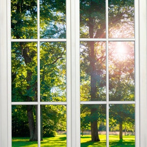 Wall mural window, self adhesive, sun filtering through trees and meadow-vertical