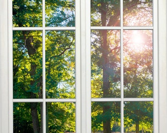 Wall mural window, self adhesive, sun filtering through trees and meadow-vertical