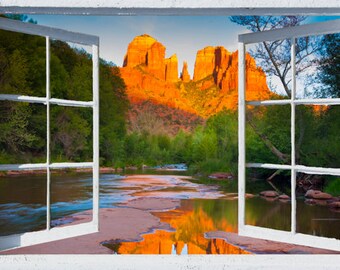 Wall mural window, self adhesive, Sedona, open window view-3 sizes available-Cathedral Rock- office decor