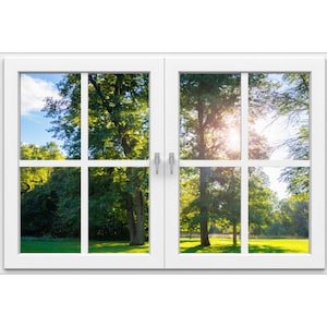Wall mural window, self adhesive, backlit trees and meadow-4 sizes available-