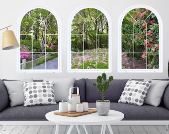 Spring Garden Path Faux Window View, Self Adhesive Wall Decal (3 Piece Set)