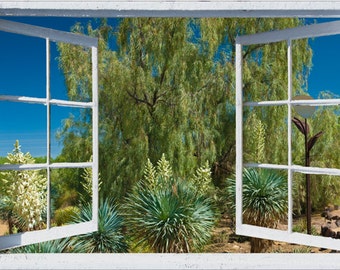 Wall mural window, self adhesive, Arizona open window view-4 sizes available-Botanical Gardens-office decor