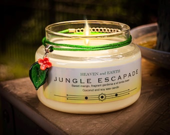 Jungle Escapade Luxury Candle: Coconut Soy Wax, Hand Blown Glass Pendant