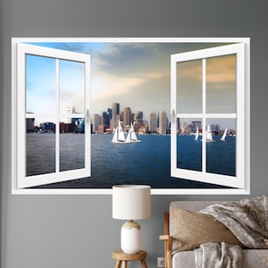Wall mural window, self adhesive, open window view-3 sizes available-Sailing Boston Harbor-v2-perfect gift
