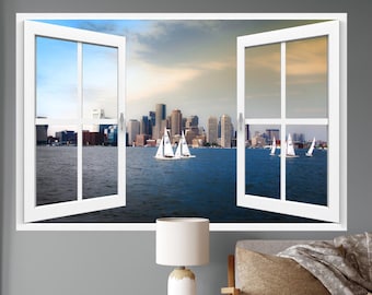 Wall mural window, self adhesive, open window view-3 sizes available-Sailing Boston Harbor-v2-perfect gift