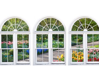 Photo wall decals of Dutch Garden, Holland- window view-large 3 piece set-24x36 each panel