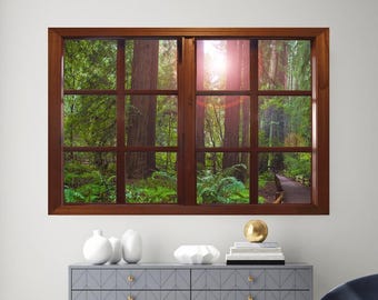 Wall mural window, self adhesive, forest window view-4 sizes available-California Redwoods- Muir Woods