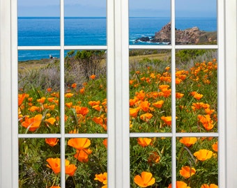 Wall mural window, self adhesive, California open window view-3 sizes available-California Poppys- vertical-perfect gift