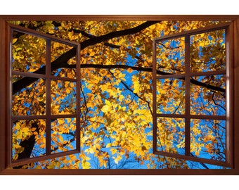 Wall mural window, self adhesive, woods view-3 sizes available- Sunny Autumn in Forest
