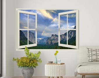 Yosemite Rainbow Window View Wall Decal, Faux Frame Mural