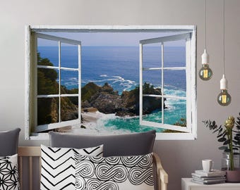 Wall mural window, self adhesive, California open window view-3 sizes available-Big Sur coast-perfect gift