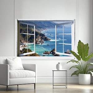 Wall mural window, self adhesive -California open window view-4 sizes available-Big Sur-office decor image 1