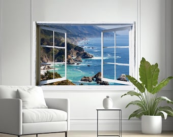 Wall mural window, self adhesive -California open window view-4 sizes available-Big Sur-office decor