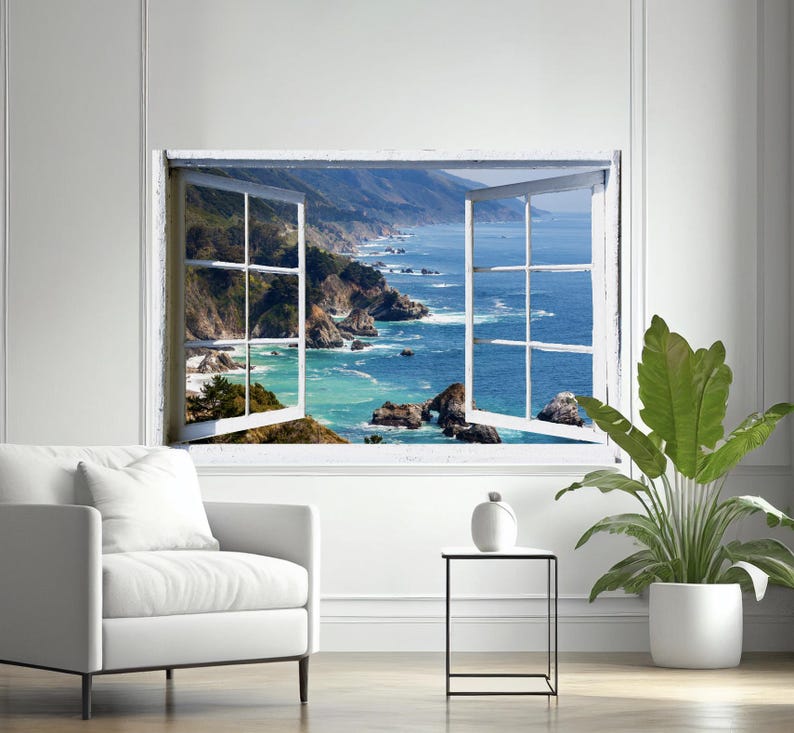 Wall mural window, self adhesive -California open window view-4 sizes available-Big Sur-office decor image 1