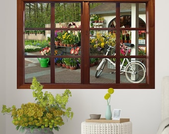 Wall mural window, self adhesive, Amsterdam Flower Shop with Bike window view-3 sizes available