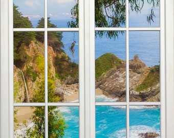 Wall mural window, self adhesive, ocean window view-vertical-McWay waterfall