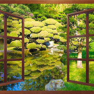 Wall mural window-self adhesive-Zen Garden window view-3 sizes available-perfect gift