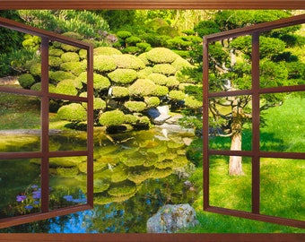 Wall mural window-self adhesive-Zen Garden window view-3 sizes available-perfect gift