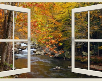 Autumn Woods Creek Window View Wall Mural, Self Adhesive