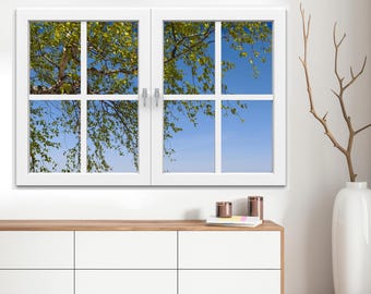 Wall mural window, self adhesive, tree branch and blue sky--perfect gift