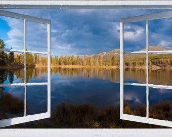 Wall mural window, self adhesive-Colorado open window view-3 sizes available-Sprague Lake-office decor