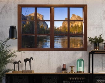 Yosemite Valley Window View Wall Mural, Faux Frame Photo Decal
