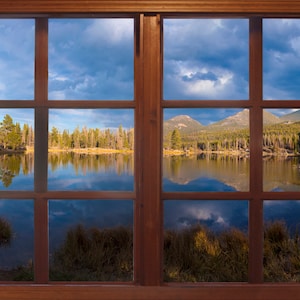 Wall mural window, self adhesive,  Colorado window view-3 sizes available-Sprague Lake-perfect gift