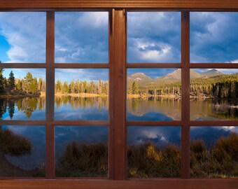 Wall mural window, self adhesive,  Colorado window view-3 sizes available-Sprague Lake-perfect gift
