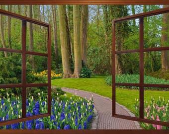 Holland Spring Garden Path Wall Mural, Open Window View, Self Adhesive