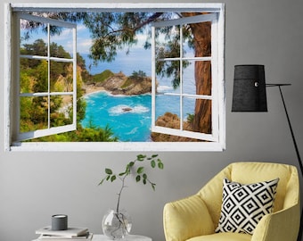 Big Sur McWay Falls View Wall Mural, Faux Open Window Decal