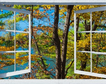 Wall mural window, self adhesive, woods and creek  window view-4 sizes available- Overlooking a Lake