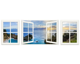 Big Sur Sunset Wall Mural, Faux Window View, Self Adhesive Decal