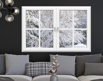 Wall mural window, self adhesive, Winter window in white view-3 sizes available-Indiana winter-perfect gift