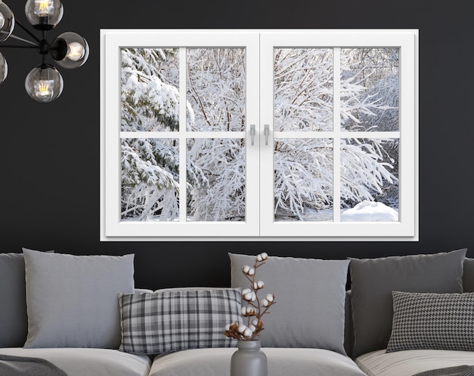 Featured listing image: Wall mural window, self adhesive, Winter window in white view-3 sizes available-Indiana winter-perfect gift