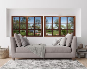 Wall mural windows, self adhesive, 2 piece Gazebo garden mural, Mackinac window view-perfect gift