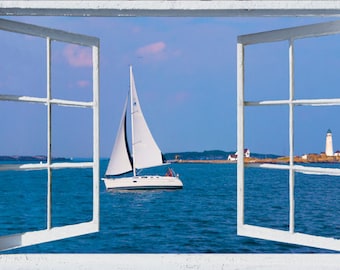 Wall mural window, self adhesive, open window view-3 sizes available-Sailboat and lighthouse-office decor