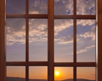 Wall mural window, self adhesive, Michigan window view-large vertical 24x36-Lake Sunset-perfect gift