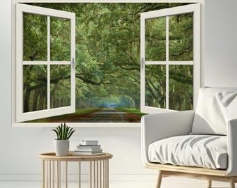 Wall mural window, self adhesive, Savannah Live Oak Alley-white window view-3 sizes available-perfect gift