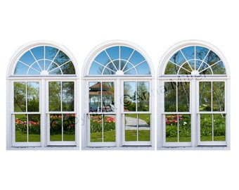 Wall mural window, self adhesive- Gazebo garden- window view-large 3 piece set-24x36 each panel