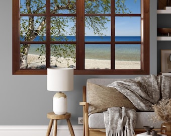 Wall mural window, self adhesive, Michigan Mackinac Island beach with tree-Michigan--perfect gift