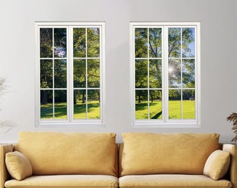 Faux Window Wall Mural, Sunlit Trees Meadow View, Set of 2