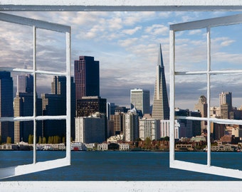 Wall mural open window, self adhesive, San Francisco skyline window view-3 sizes available-perfect gift