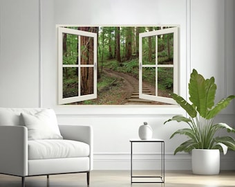 Wall mural window, self adhesive, forest window view-cream frame-California Redwoods- Muir Woods Steps