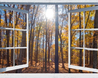 Autumn Forest Window View Wall Mural, Self Adhesive Decal