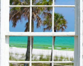 Wall mural window, self adhesive, Florida beach window view-large 24x36-Beach with palm-part 2-