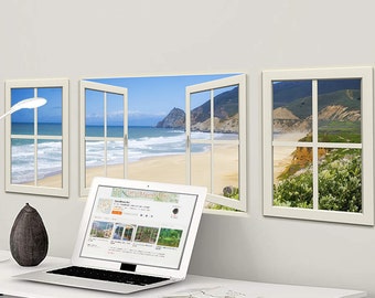Wall mural windows, self adhesive, Big Sur Beach, California- window view-3 piece set-perfect gift