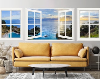 Big Sur Sunset Wall Mural, Faux Window View, Self Adhesive Decal