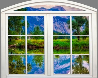 Wall mural window, self adhesive, Merced river-Yosemite -arched window frame-3 sizes available-perfect gift