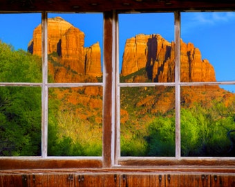Wall mural window, self adhesive, Sedona window view-3 sizes available-Cathedral Rock-perfect gift